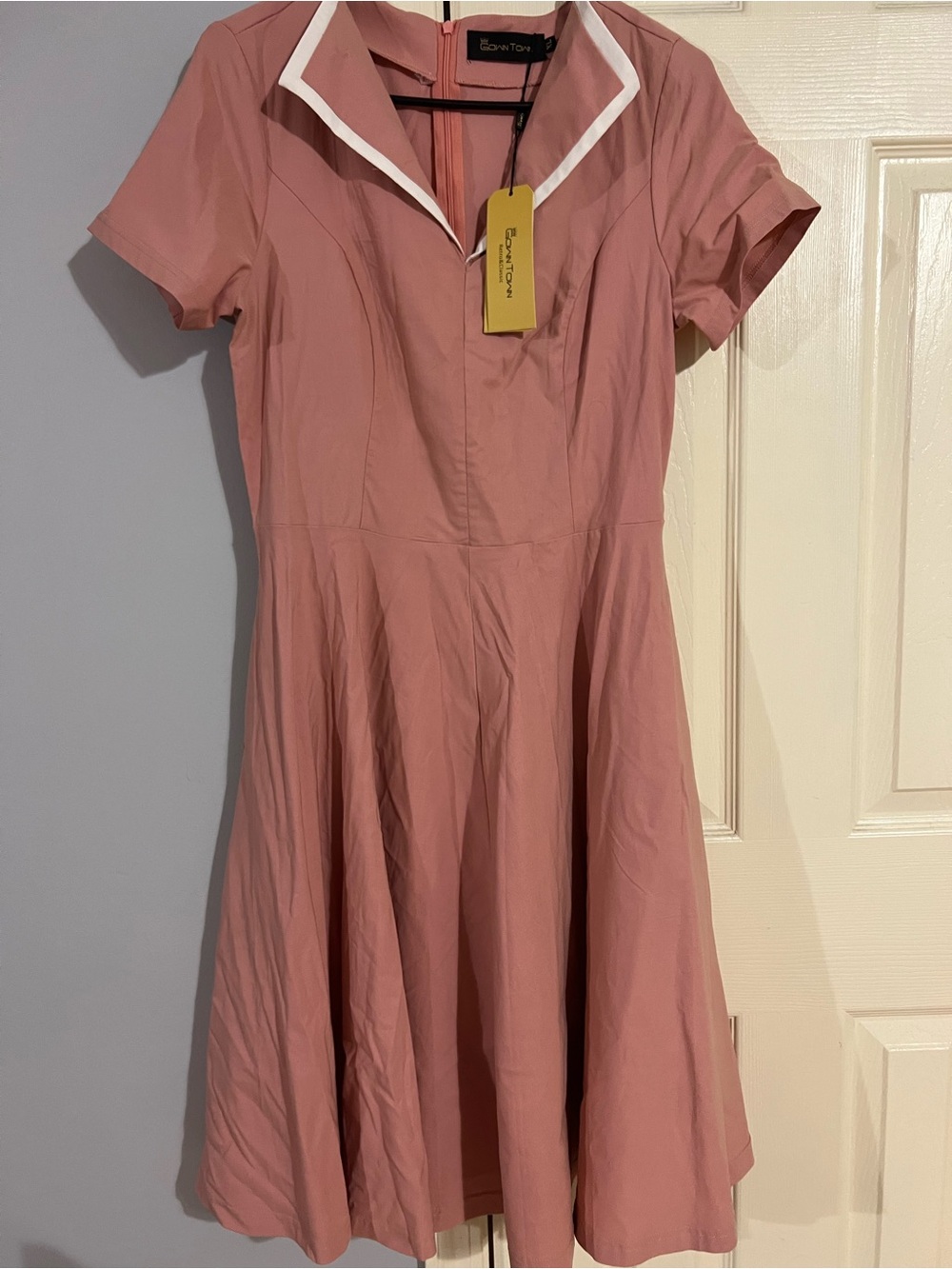 Gown Town Dusty Rose Fit & Flare Dress with White Trim